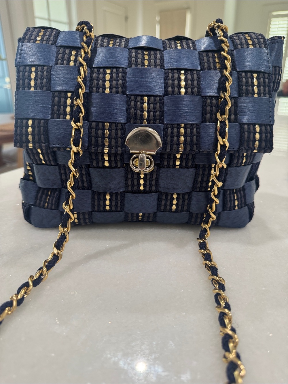 Vintage Made in Italy Navy Blue Woven Chain Shoulder Bag Evening Crossbody